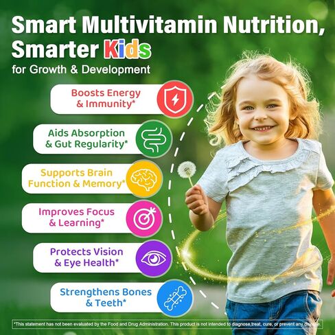 Kids Multivitamin Gummies, 20+ Super Greens Fruit and Veggies Supplement Superfood Daily Gummies with Probiotics for Kids Gummy Vitamins & Minerals for Tummy & Immune Support -Vegan, Sugar Free, 60Cts in Saudi Arabia