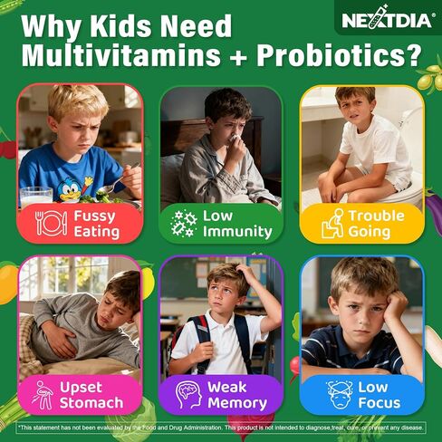 Kids Multivitamin Gummies, 20+ Super Greens Fruit and Veggies Supplement Superfood Daily Gummies with Probiotics for Kids Gummy Vitamins & Minerals for Tummy & Immune Support -Vegan, Sugar Free, 60Cts in Saudi Arabia