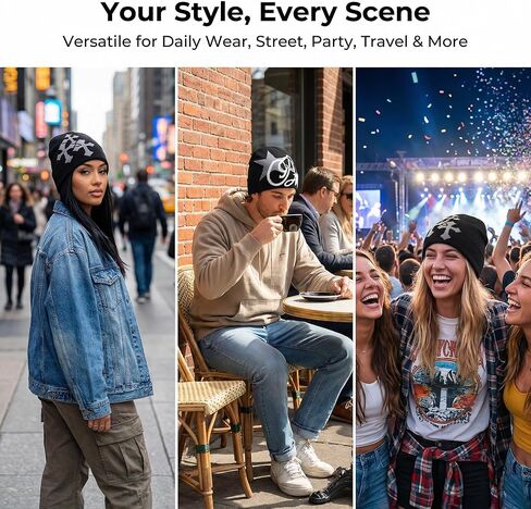 قبعة Y2K Streetwear للرجال والنساء، قبعة متقاطعة على شكل نجمة محبوكة، قبعة جمجمة ناعمة قابلة للتمدد للشتاء، قبعة صغيرة كاجوال للاستخدام اليومي في الهواء الطلق باللون الأسود in Kuwait