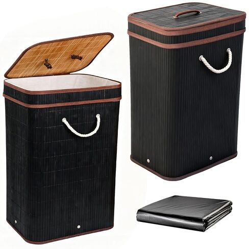 Nalwort 2 Pack 21 Gallon Bamboo Trash Can, Slim Rectangular Garbage Can with Lid, Foldable Laundry Basket, Large Bamboo Waste Bin for Home Kitchen Bedroom Bathroom Office, Black in Saudi Arabia