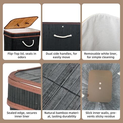 Nalwort 2 Pack 21 Gallon Bamboo Trash Can, Slim Rectangular Garbage Can with Lid, Foldable Laundry Basket, Large Bamboo Waste Bin for Home Kitchen Bedroom Bathroom Office, Black in Saudi Arabia