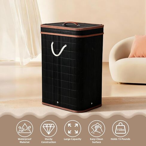 Nalwort 2 Pack 21 Gallon Bamboo Trash Can, Slim Rectangular Garbage Can with Lid, Foldable Laundry Basket, Large Bamboo Waste Bin for Home Kitchen Bedroom Bathroom Office, Black in Saudi Arabia