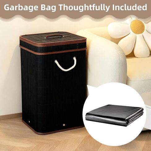Nalwort 2 Pack 21 Gallon Bamboo Trash Can, Slim Rectangular Garbage Can with Lid, Foldable Laundry Basket, Large Bamboo Waste Bin for Home Kitchen Bedroom Bathroom Office, Black in Saudi Arabia