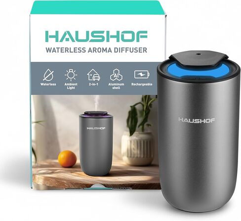 موزع روائح الزيوت العطرية بدون ماء من HAUSHOF للمنزل والسيارة، موزع رائحة ذكي للعلاج العطري مع تشغيل/إيقاف تلقائي، 3 مستويات رذاذ و3 أضواء ملونة، تصميم محمول قابل لإعادة الشحن، لمسة نهائية معدنية فضية ممتازة in Kuwait