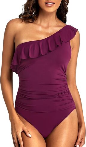 Women's One-Piece Swimsuit with Ruffle Shoulder & Ruched Tummy Control - Asymmetric Single Strap Design in Saudi Arabia