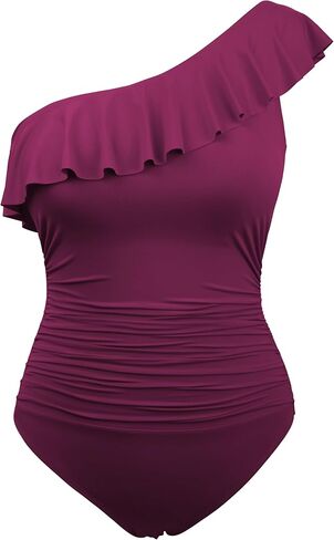 Women's One-Piece Swimsuit with Ruffle Shoulder & Ruched Tummy Control - Asymmetric Single Strap Design in Saudi Arabia