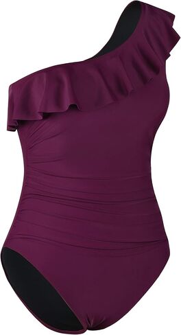Women's One-Piece Swimsuit with Ruffle Shoulder & Ruched Tummy Control - Asymmetric Single Strap Design in Saudi Arabia