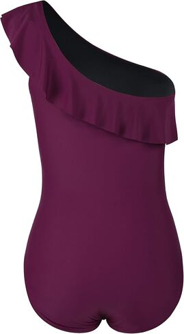 Women's One-Piece Swimsuit with Ruffle Shoulder & Ruched Tummy Control - Asymmetric Single Strap Design in Saudi Arabia