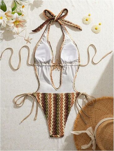 GORGLITTER Women's Striped Starfish One Piece Swimsuit Boho Metal Sexy Deep V Halter Tie Backless Bathing Suit in Saudi Arabia