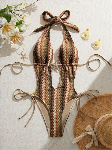 GORGLITTER Women's Striped Starfish One Piece Swimsuit Boho Metal Sexy Deep V Halter Tie Backless Bathing Suit in Saudi Arabia
