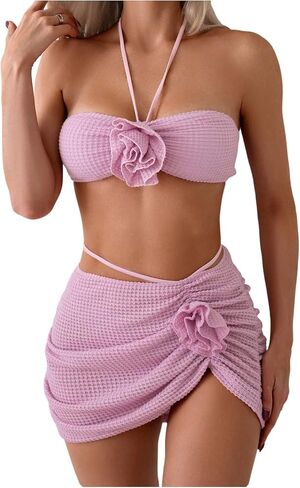 Verdusa Women's 3 Piece 3D Flower Halter String Bikini Set Waffle Swimsuits with Cover Up Skirt in Saudi Arabia