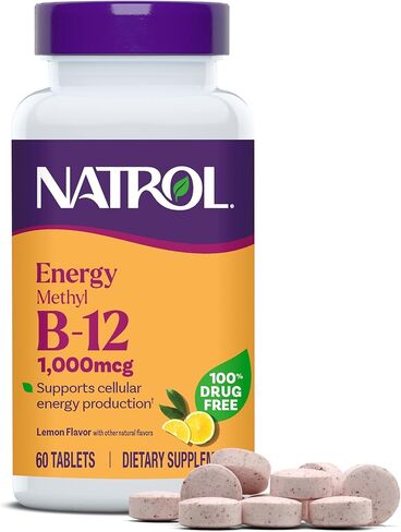 Natrol Methyl Vitamin B-12 1000 mcg, 60 Chewable Tablets, Lemon Flavored, Bioactive B12 Vitamin, Supports Cellular Energy Production, Brain Health & Metabolism - 60 Servings in Saudi Arabia