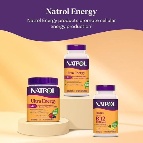 Natrol Methyl Vitamin B-12 1000 mcg, 60 Chewable Tablets, Lemon Flavored, Bioactive B12 Vitamin, Supports Cellular Energy Production, Brain Health & Metabolism - 60 Servings in Saudi Arabia