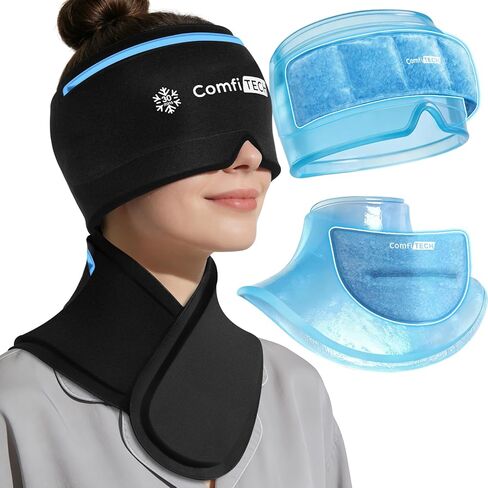 ComfiTECH غطاء تبريد مزدوج الجل لتخفيف الصداع النصفي لمدة 30 دقيقة ومجموعة لف حزمة ثلج طويلة جدًا للرقبة، علاج بارد بدون استخدام اليدين، عبوات قابلة للفصل للتوتر والجيوب الأنفية وتلطيف فروة الرأس الكيميائي والرقبة المتصلبة، مقاس M in Kuwait