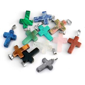 Cadikez 12PCS Natural Stone Cross Pendant, Healing Crystal Quartz Chakra Reiki Gemstone Pendants Charms Bulk for DIY Necklace Jewelry Making (Assorted Color)