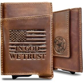 Minimalist Money Clip Wallet For Men - Top Grain Leather - Patriotic Design - "IN GOD WE TRUST" - Magnetic Cash Strap - RFID Blocking - Pop up Wallet - Front Pocket Wallet