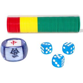 Mahjong Accessories Set,Plastic Colored Mahjong Scoring Coins, 68pcs Chips for Mah Jongg Game,1 Indicator and 3 Blue Dice