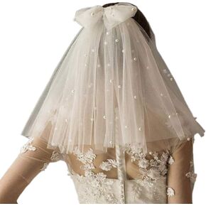 Pearl Bride Wedding Veil White 13.8" Shoulder Length 4 Layer Short Bridal Tulle Hair Accessories With Bow and Comb