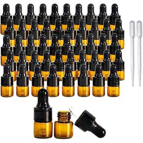 50Pcs Amber Glass Mini Dropper Bottle 1ml Amber Essential Oil Bottles Vials Travel Cosmetic Sample Container Liquid Perfume Eye Droppers Bottle (1ml)