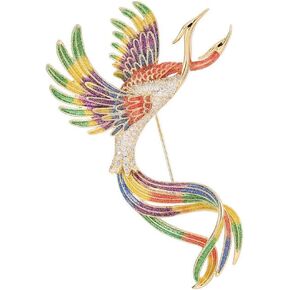 14K Gold Phoenix Brooch with Moissanite and Enamel - Elegant Holiday and Special Event Pin, Ideal Gift for Her, Mythical Bird Design, Women's Luxury Fashion Accessory