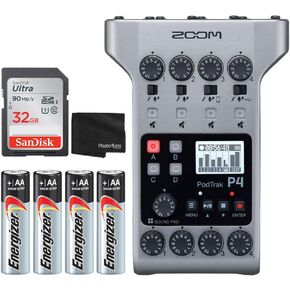 Zoom PodTrak P4 Portable Multitrack Podcast Recorder Bundle with 32GB Ultra SDHC Memory Card + 4X AA Batteries + Cleaning Cloth – Deluxe Podcasting Bundle