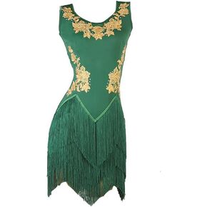 LIUHUO Green Latin Dance Dress Yellow Embroidered Fringed Skirt Sleeveless Competition Performance