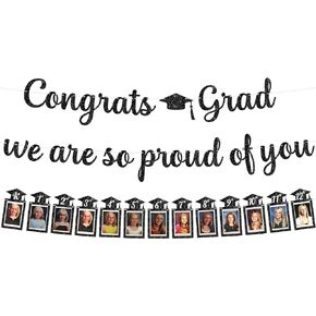 KatchOn, Glitter Black Congrats Grad Banner - Large, 10 Feet | We Are So Proud of You Banner | K-12 Graduation Photo Banner, Graduation Decorations Class of 2024 | Graduation Banner 2024 Personalized