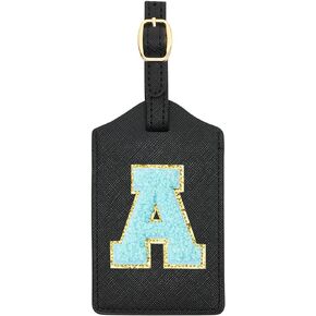 Initial Luggage Tag, PU Leather Baggage Tag, Monogrammed Luggage Tag, Letter Travel Tag, Bag Tag, ID Tag, Travel Accessory Luggage Identifier (Black Leather+Blue Letter, A Letter)