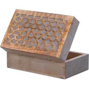 Carved Arrow Wooden Box (Medium) - Light Burnt/Grey Decorative Box w/Felt Pads Underneath & Wooden Carving - Unique Handmade Mangowood Keepsake Storage Box for Jewelry - 7.5 x 4.5 x 3"