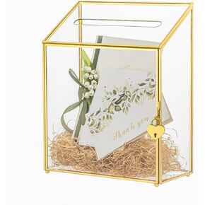 NCYP Wedding Card Box with Slot and Lock - 9.5x4.5x11.8 inches - Gold Glass Envelope Donation Box for Birthday Party Reception - Vintage Centerpiece, Decoration (Glass Box Only)