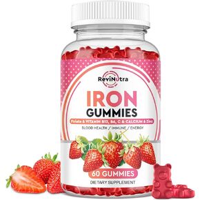 Iron Gummies - with Calcium, Zinc, Folate & Vitamin B12, C,B6 for Adults & Kids - Blood Builder & Energy Support for Iron Deficiency, Anemia, Vegan - 60 Gummies