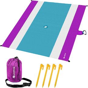 Blue Beach Blanket with Umbrella Hole 7ftx5ft- Water Resistant, Sandproof, Lightweight, Rip-Stop Nylon with Umbrella Hole & Sand Pockets, Camping Essentials, Beach Canopy Compatible
