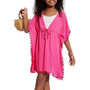 WDIRARA Girl's Tassel V Neck Swimsuit Coverups Short Sleeve Cover Up Dress Beach Swimwear