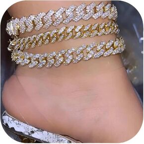 Jacruces Gold Silver Ankle Bracelets for Women Cuban Link Anklets Plus Size Ankle Bracelet Layered Link Anklet Set Rhinestone Diamond Bling Anklets Gold Silver Jewelry for Women Girls Gift Set