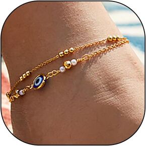 14K Gold Evil Eye Statement Anklets, Adjustable Double Layer Gold Beaded Cross Anklets, Blessing Protecting Jewelry Gifts for Women Teen Girls