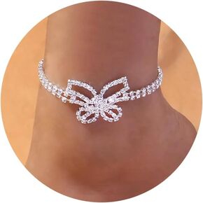 Silver Ankle Bracelets for Women, Adjustable Rhinestone Pendant Tennis Anklet, Butterfly Heart Infinite Diamond Summer Beach Foot Chain Jewelry Gifts for Girls