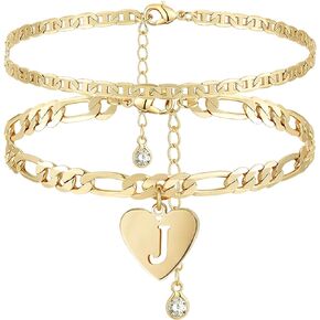 YANODA Initial Ankle Bracelets for Women, Layered Gold Anklets for Women 14k Real Gold Filled Figaro Letter Anklets for women waterproof Summer Jewelry Personalized Gifts for Women