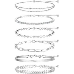 Staligue Ankle Bracelets for Women 14k Gold Plated Waterproof Anklets 6Pcs Adjustable Layered Cuban Link Chain Herringbone Beaded Anklets Set Summer Beach Jewelry Gift