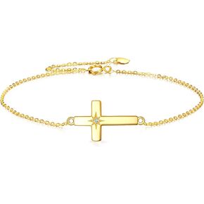KECHO 14k Solid Gold Cross Bracelets for Women Pearl Bracelets Religious Cross Adjustable Link Chain Cross Jewelry Mothers Day Birthday Gifts for Women Mom Friends