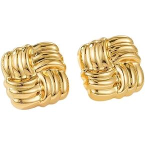 Gold Statement Earrings for Women girl，Gold Chunky Hollow Square Geometric Textured Trendy Vintage Stud Earrings