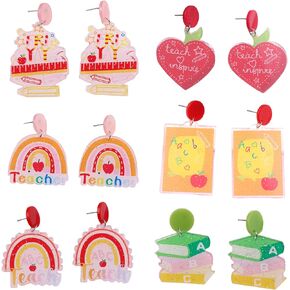 Pack of 6 Pairs 2024 Graduation Teacher Earrings for Women Bulk Acrylic Apple Heart Rainbow Pencil Fun Back to School Teacher Appreciation Earrings Set