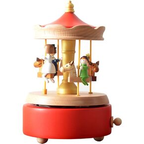 Carousel Music Box, Handmade Wooden Merry-Go-Round Horse Musical Box Turn Horse Shaped Wood Crafts Birthday Home Decor(Red)