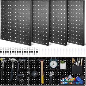 4 Pieces Pegboard Wall Organizer Kit Metal Peg Board Walls Mount Display Panels Storage Rack Pegboard Accessories for Garage Craft Workshop Room Kitchen Bathroom Office (White, 12 x 12 Inch)