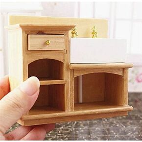 EatingBiting Mini House Bathroom Kitchen Decor Sink 1/12 Wooden Wash Basin Cabinet with Ceramic Hand Sink for Bathroom Kitchen Decoration Accessories
