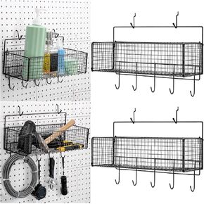 Shimeyao 6 Pcs Pegboard Accessories Set, Including 2 Wire Baskets for Storage Wall Mount with 5 Hooks, and 4 Pegboard Hooks, Storage and Organizer for Garage, Tools, Home, Work Bench, Crafts (Black)
