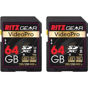 Ritz Gear Video Pro SD Card UHS-II 64GB SDXC Memory Card 2-Pack U3 V90 A1, Extreme Performance Professional (R 280mb/s 250mb/s W) for Advanced DSLR,Well-Suited for Video, Including 4K,8K, 3D, Full HD