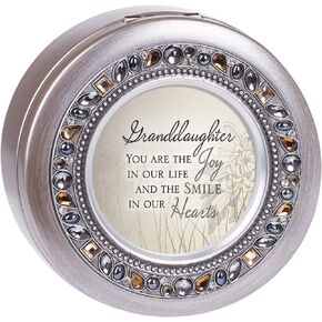 Cottage Garden Granddaughter The Joy and Smile Brushed Silver Round Jeweled Music Box Plays Tune Wonderful World
