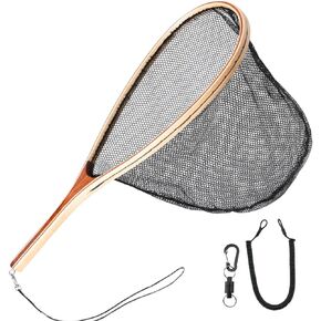 Fly Fishing Landing Net with Wood Handle Wooden Frame Soft Rubber Mesh or Waterproof Nylon Mesh Nets with Magnetic Release for Trout Bass Fish Catch and Release