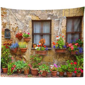 Tuscany Tapestry Italy Old Stone Wall Flowers Windows Tapestry Decor Wall Hangings Large Tapestry for Bedroom Living Room Dorm Man Cave(60x40 Inch)