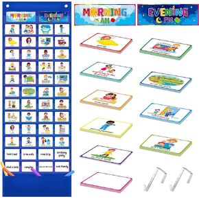 Kids Visual Schedule Calendar Chart, Daily Chore Routine Chart with 88 Double Sided Cards (77 Pre-printed & 9 Dry Erase Blank Cards) Toys for Autistic Children Age 4-7 ADHD Tools (2 Metal Hooks)